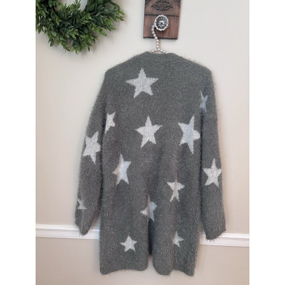 Olive+Oak Womens Size M Green Fuzzy Soft Cardigan Sweater White Stars - Picture 5 of 6
